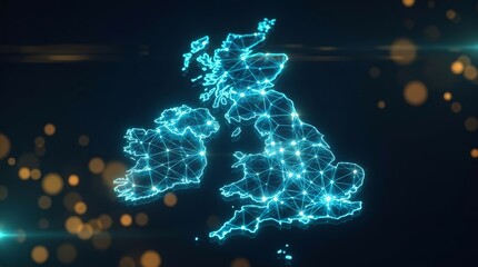Digital network connections over a glowing blue map of the United Kingdom and Europe. © NovaShots