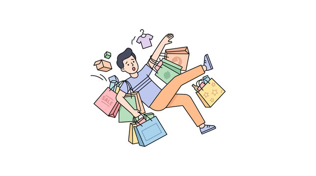 Man falling with many shopping bags and clothes