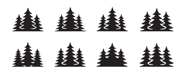 Obraz premium Symmetrical group of three pine tree silhouettes for forest landscape icons and wilderness decoration.