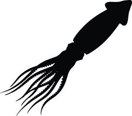 Obraz premium Black Squid Silhouette Illustration, Marine Animal Icon, Ocean Creature Design, Seafood Symbol, Underwater Wildlife, Minimal Vector Artwork
