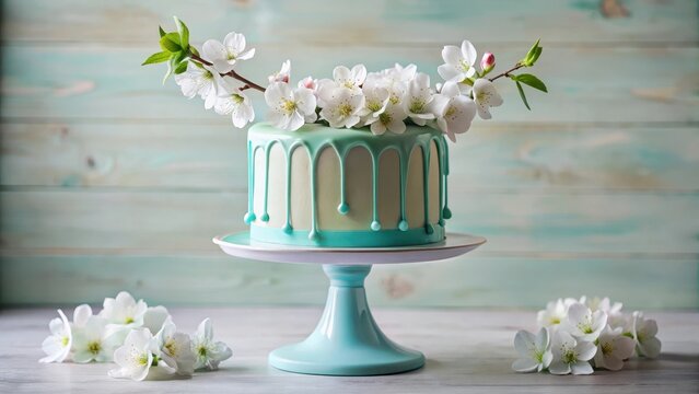 A delicate pastel teal mini drip cake stands atop a pedestal adorned with white cherry blossoms in soft ethereal bloom
