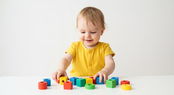 明るい日差しが差し込む清潔で開放的な空間でカラフルな木製ブロックを小さな手で器用に積み重ね無邪気な笑顔で夢中になって遊ぶ可愛い幼児指先の感覚を養い知的好奇心を刺激する健全な発達を促す大切な遊びの時間. AI Generated