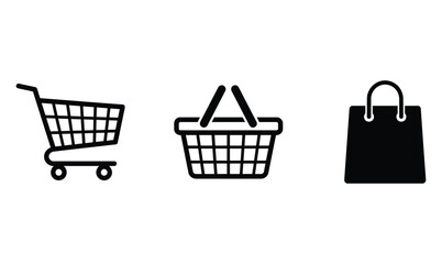 Set of hand drawn shopping icons including a cart a basket and a paper bag © MOSTMOHIMA