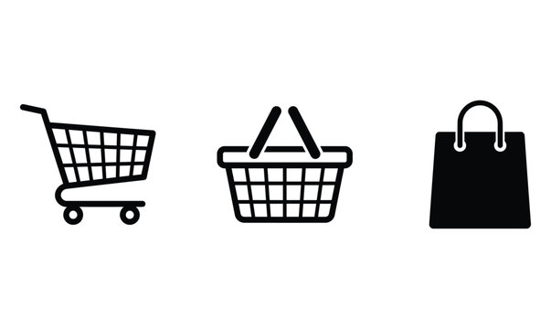 Set of hand drawn shopping icons including a cart a basket and a paper bag