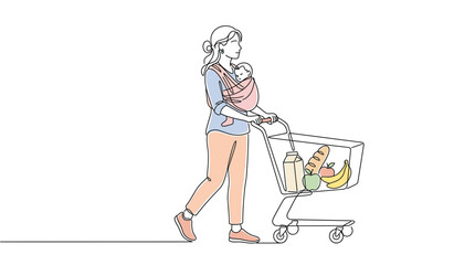 Mother with baby in sling pushes shopping cart with groceries