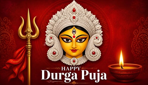 Durga Puja Illustration with Goddess Face Trident and Lit Oil Lamp on Red Background