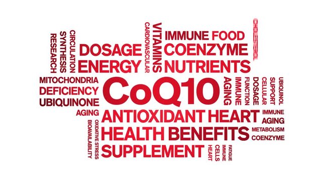CoQ10 animated word cloud-text design animation tag kinetic typography seamless loop.