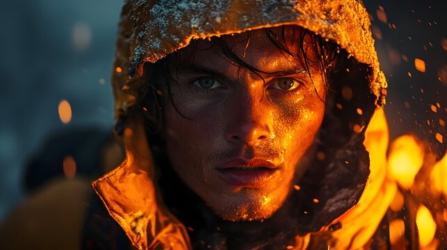 Close-up of a determined climber's face illuminated by warm firelight against a snowy mountain backdrop, capturing intense focus and adventure under harsh conditions, elegantly showcasing mountaineer.