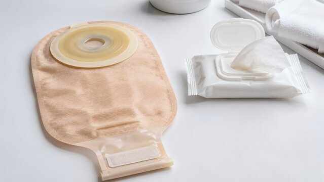 Medical colostomy bag with adhesive backing and supplies on clean white surface