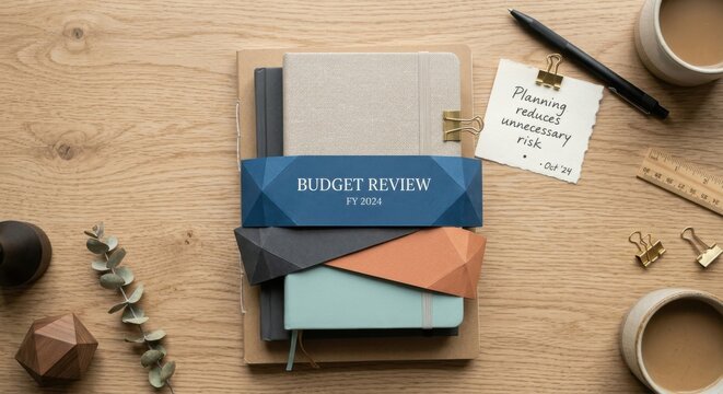Budget Review FY Notebook Stack with Planning Note