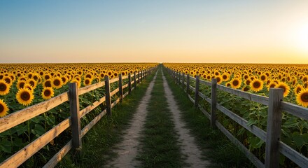 Fototapeta premium 夕焼けに染まる広大なひまわり畑をまっすぐ進む木柵の小道 黄金色の花が輝く静かな夏の風景. AI Generated