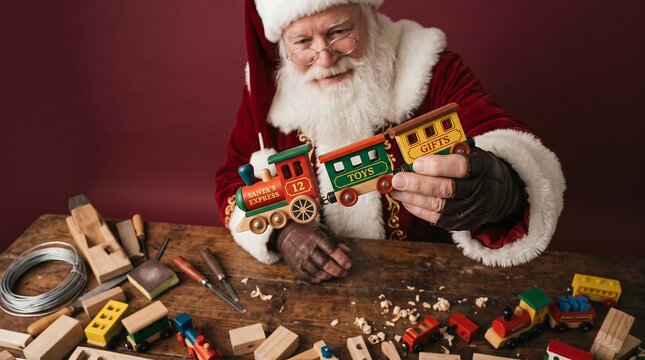 Santa Claus working on a wooden toy train in his workshop at Christmas time.
