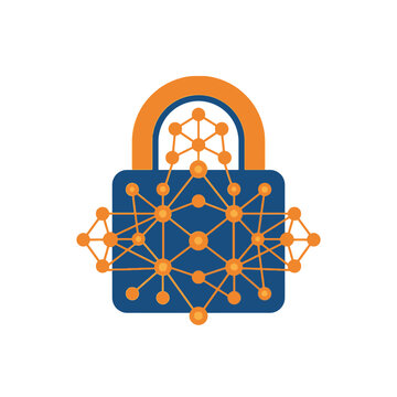 Digital padlock icon with interconnected network nodes.