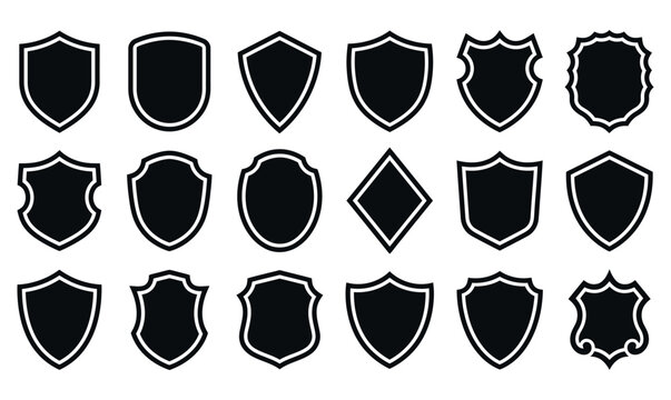 Set of various black shield icons and heraldic crest shapes for design and logo templates