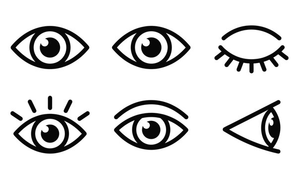 Set of simple black and white eye icons representing different expressions and viewing angles