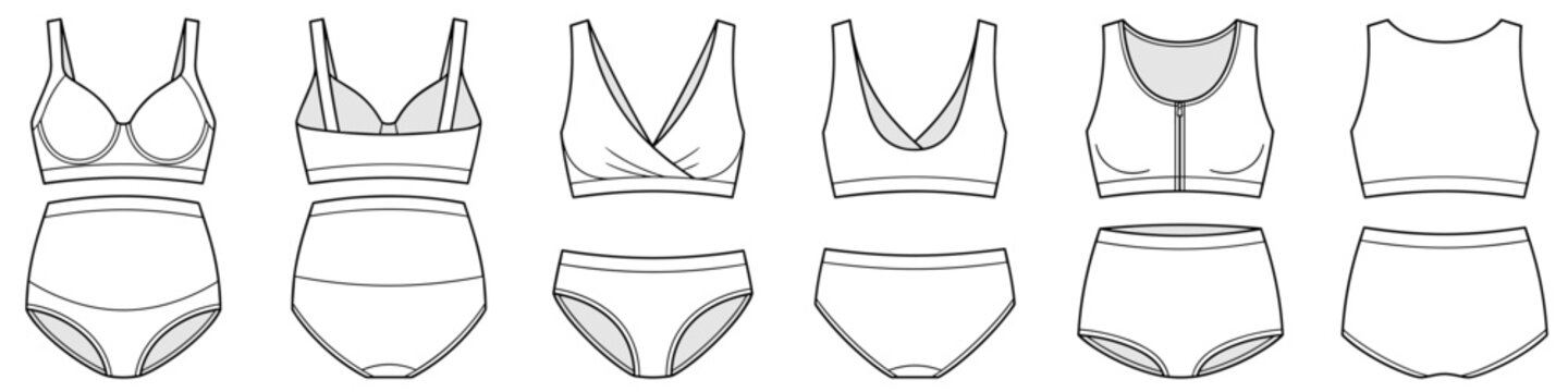 Women underwear technical fashion illustration set featuring maternity high waist briefs and wrap sports bra. Flat CAD mockup front back view.