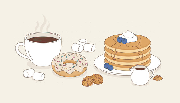 Delicious breakfast table spread featuring a cup of black coffee glazed sprinkle donut and a stack of pancakes.