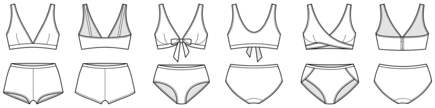 Underwear set technical fashion illustration including tie front top and wrap bra. Flat women lingerie CAD mockup front back view.