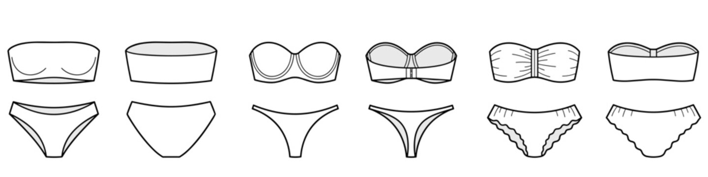 Bandeau lingerie technical fashion illustration set featuring strapless tops and ruffled panties. Flat women CAD mockup front back view.