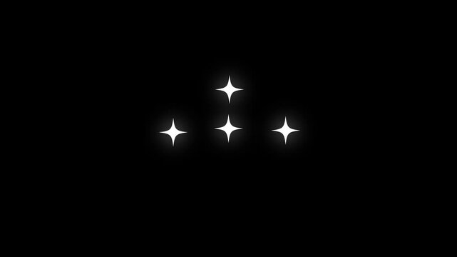 Glowing sparkling stars animation with white cartoon doodle vector style, twinkling blinking light effect on black screen background, transparent festive shine overlay .4k