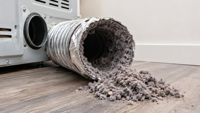 Clogged dryer vent with lint spilling out onto wooden floor near appliance