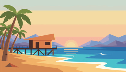 Naklejka premium Tranquil beach bungalow on stilts stands in the calm blue ocean water with a tropical mountain sunset behind.