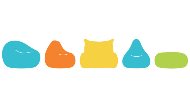 Set of colorful bean bag chairs of different shapes and colors arranged in a row on a white background.