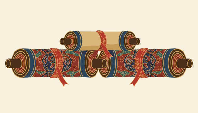 Traditional Chinese or Japanese rolled scrolls with ornate red and blue patterns secured with ribbons.