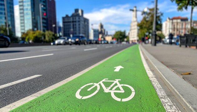 Green bicycle lane with white painted bike symbol and forward arrow. Dedicated cycle path on an urban asphalt road. Safe eco-friendly transportation infrastructure city