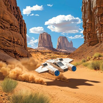 Sci-Fi Spaceship Flying Through Desert Canyon with Dust Trail