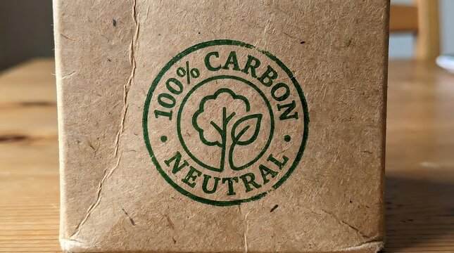 Carbon neutral stamp on recycled paper bag.
