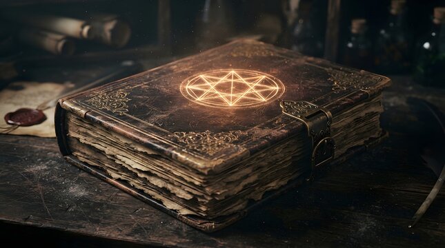 Old mystical spellbook with a glowing sevenpointed star sigil on a dark wooden desk