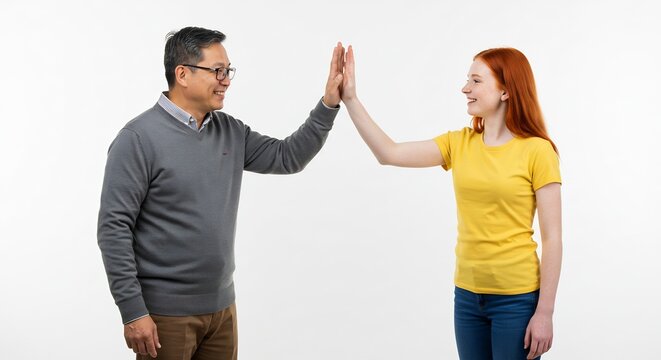 明るいスタジオの清潔な白い背景で笑顔の男女が元気よくハイタッチ 互いの達成を心から認め合い未来への希望を共有するポジティブな協力の瞬間. AI Generated