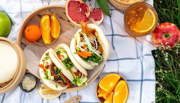 Asian-inspired picnic with steamed bao buns, fresh fruit, and iced tea on a checkered blanket
