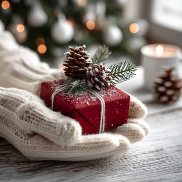 Hands in knitted mittens holding a wrapped christmas gift with pine cones