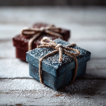 Small dark blue and brown gift boxes on snowy rustic wood plank with christmas