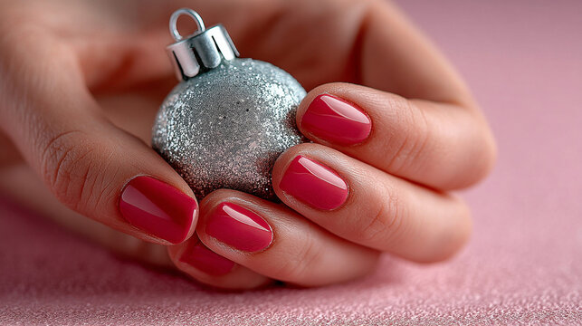 Woman hands with red nail polish holding silver christmas tree ornament bauble