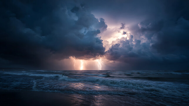 Dramatic lightning strike over ocean waves under stormy dark clouds
