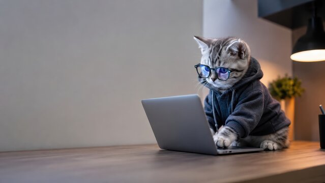 gray tabby cat wearing glasses and a hoodie uses a laptop on a wooden table in a cozy indoor setting.