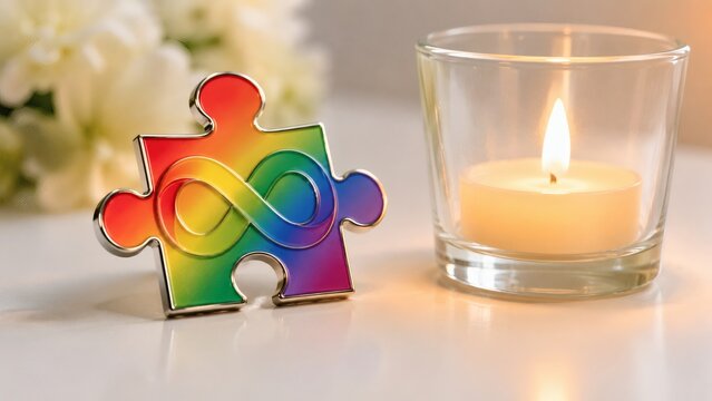 Rainbow infinity puzzle pin with lit candle on white surface with flowers