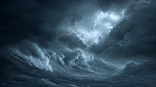 Dramatic stormy ocean waves with lightning strike overhead