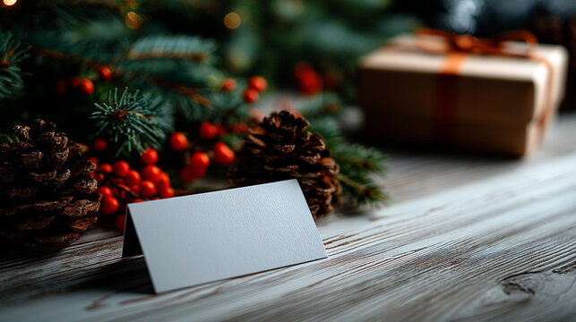 Blank grey card on wooden surface with christmas decor and gift box, christmas