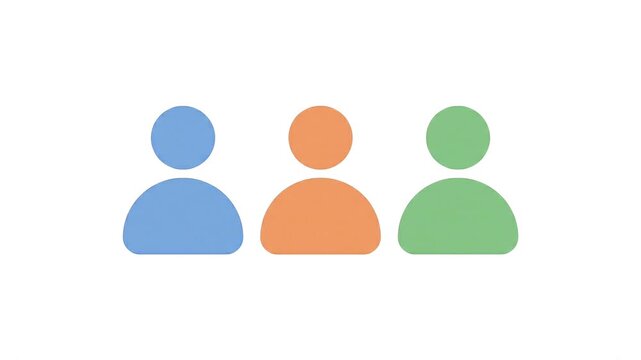 Minimalist graphic animation of three colorful user profile icons jumping rhythmically on a clean white studio background