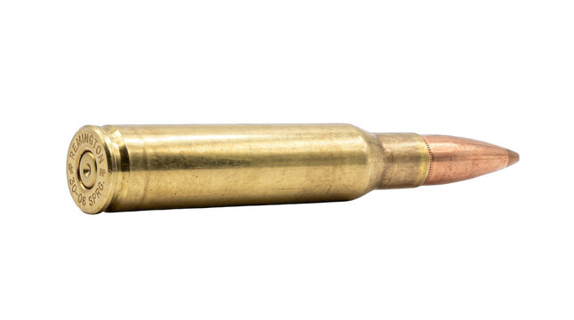 Brass cartridge case with copper bullet tip, isolated on transparent background