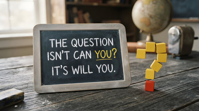 Motivational quote on small chalkboard with wooden question mark blocks with chalkboard inspirational message willpower sitting rustic about willpower