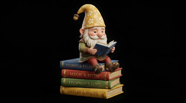 A whimsical garden gnome sitting on a stack of vintage books reading a small storybook against a black background