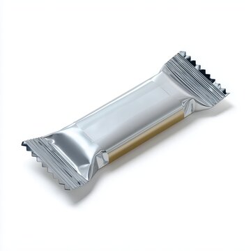 Detailed view of a shiny silver foil wrapped snack bar placed on a clean white background