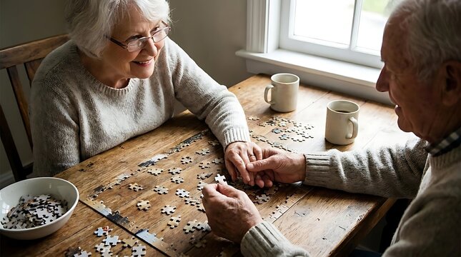Elderly couple assembling jigsaw puzzle at wooden table.