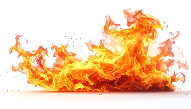 Vivid orange and yellow fire flames with sparks isolated on a white background for creative graphic design and compositing