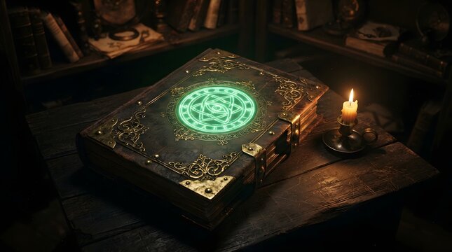 Ancient magical grimoire with glowing green arcane symbol on wooden table with candle